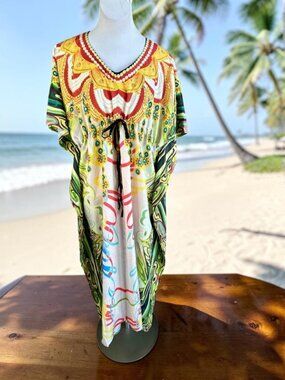 Tamsy Colorful Graphic Print Caftan Beach Cover up Drawstring Front  One Size